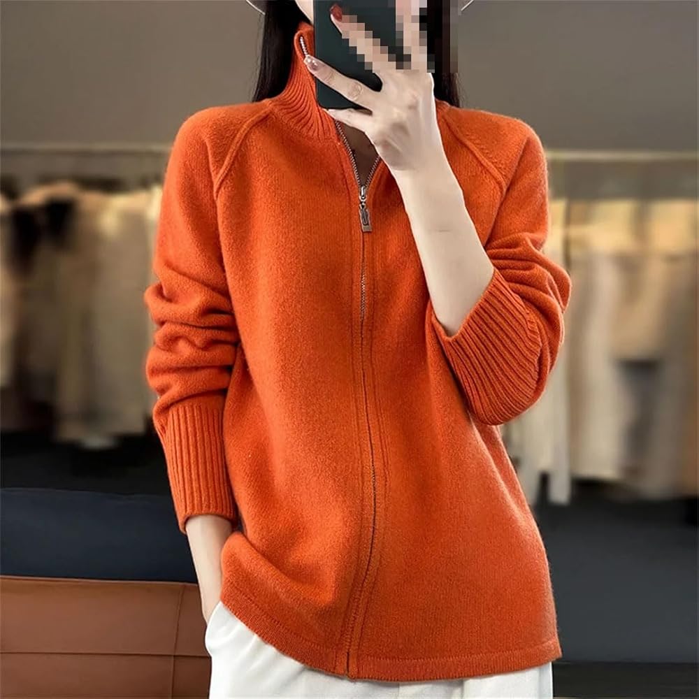 Women Knitted Long Sleeve Spring Turtleneck Zipper Cardigan